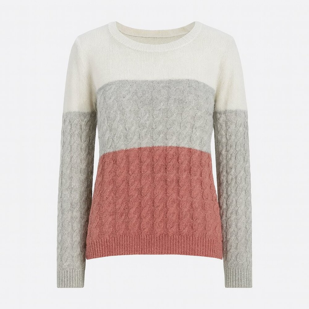 Twine & String Colorblock Cable Knit Cozy Pullover Sweater Cream Gray Pink XL